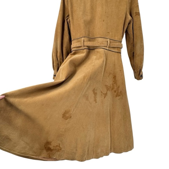 Vintage 70s Women's Trench Coat Corduroy Leather Trim Belted Brown Swing Skirt M - Picture 4 of 15